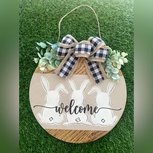 Welcome Door Hanger Sign 12” Wooden Spring Decor Farmhouse Bow